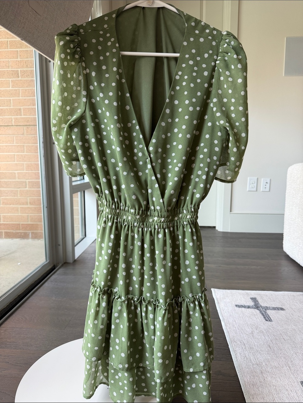 Wayf Olive Green Polka Dot V‑Neck Tiered Midi Dress